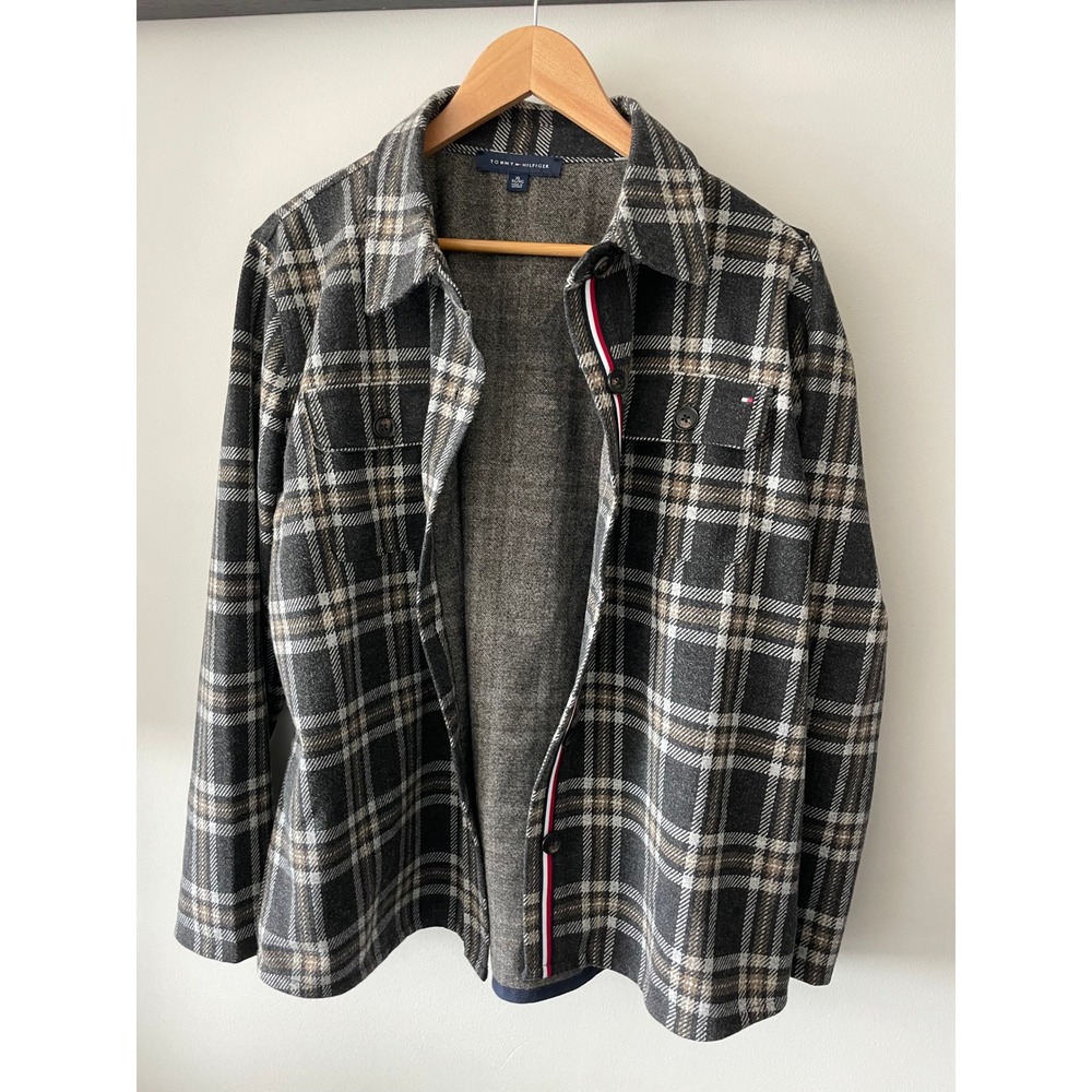 Tommy Hilfiger Womens Plaid Flannel Button Down Shacket Charcoal Grey Tan XL